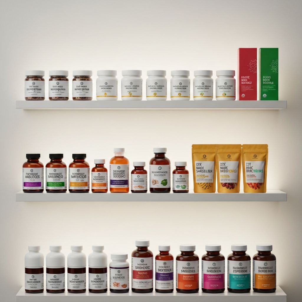 Organized supplement shelf showing variety of formats and packaging