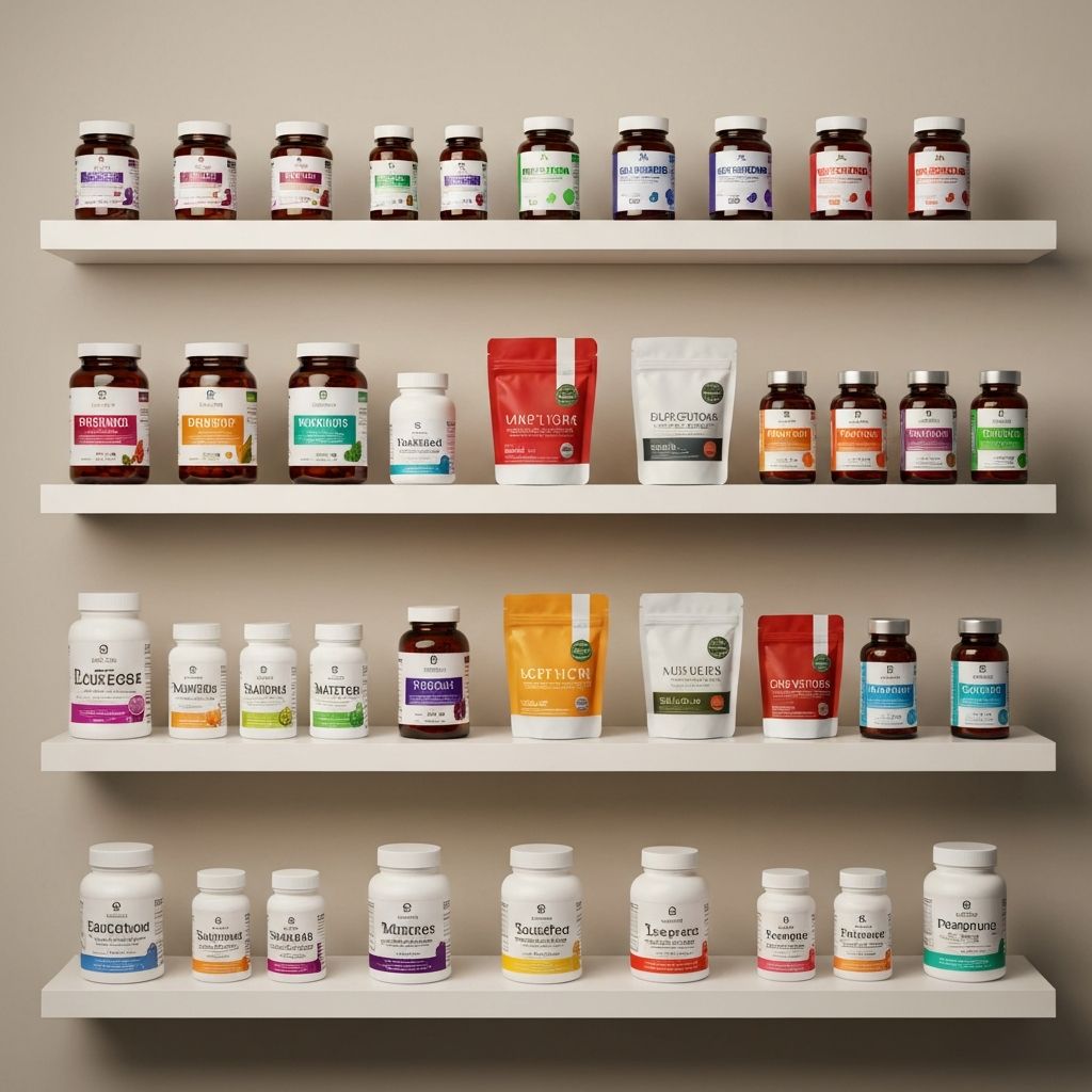 Supplement variety display showing different formats and packaging