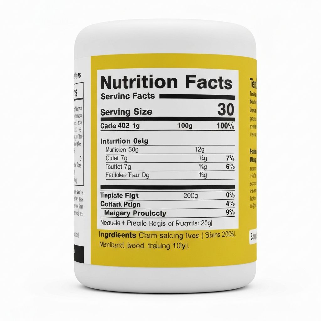 Close-up of product label showing nutrition facts and serving information