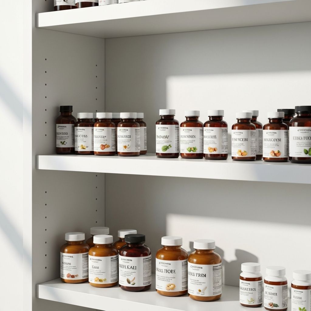 Organized pantry shelf with properly stored supplement containers