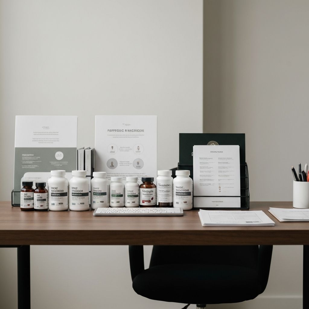 Clean, minimal workspace with supplement bottles and education materials